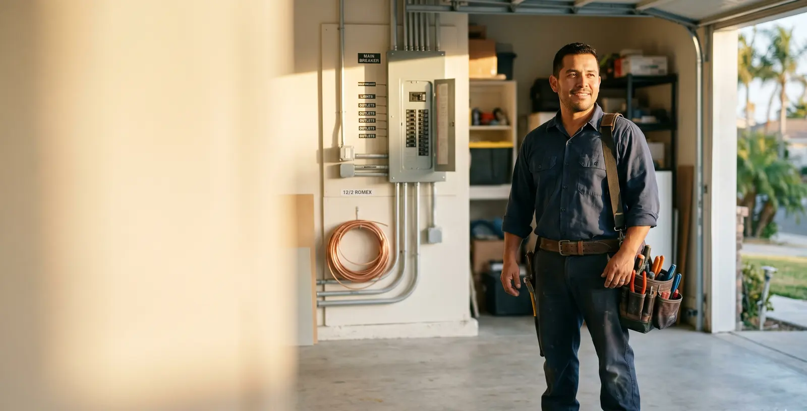 A confident Southern California electrician standing in a garage he just wired, warm light