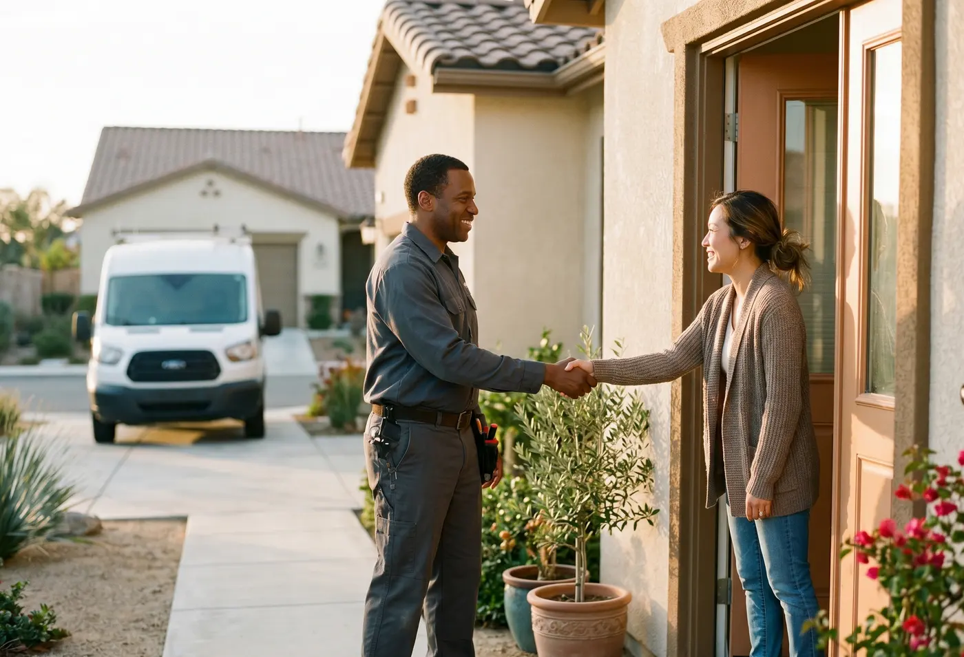 A contractor shaking hands with a homeowner at a Southern California front door, work van in the driveway